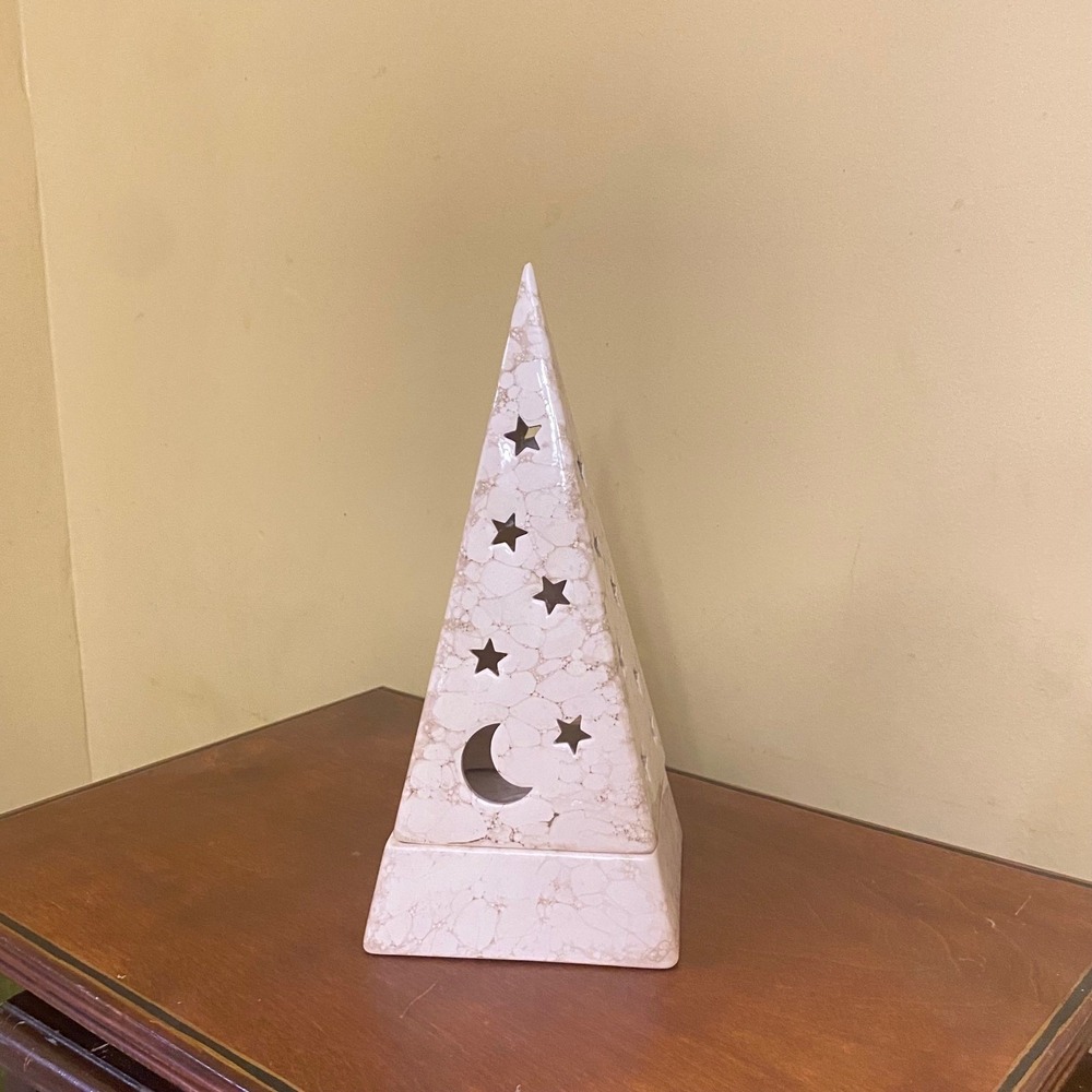 Vintage PartyLite Ceramic Pyramid Lantern Moon Stars Cutout Marble Pattern *chip - Picture 3 of 11